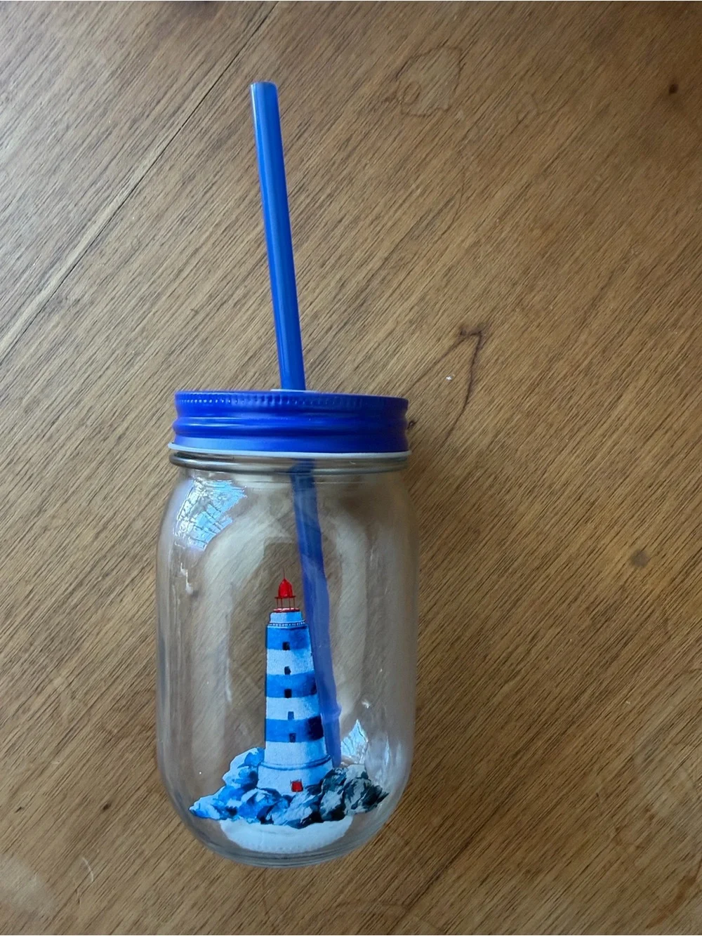 Blue Mason Jar Tumbler with Straw - Nautical Lighthouse Design